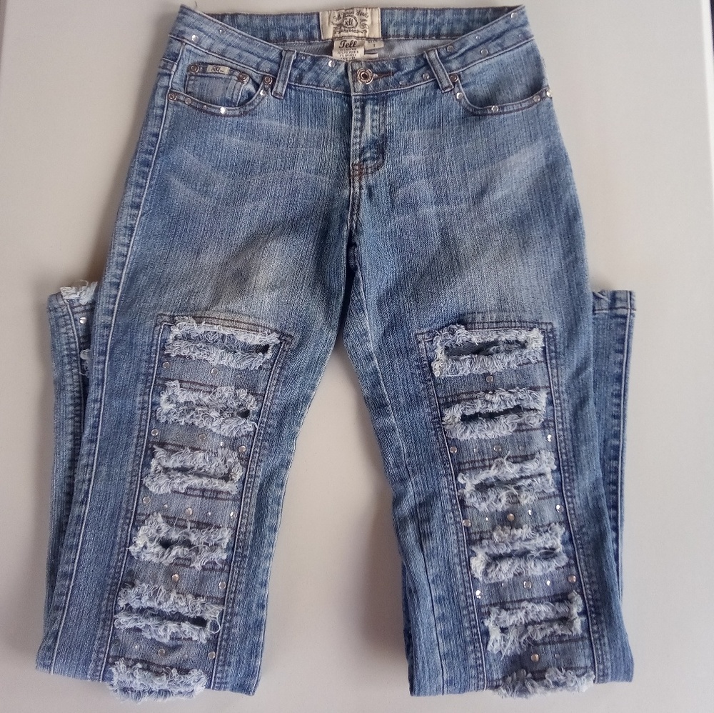 Tell Denim Works Destroyed Blue Jeans Bling